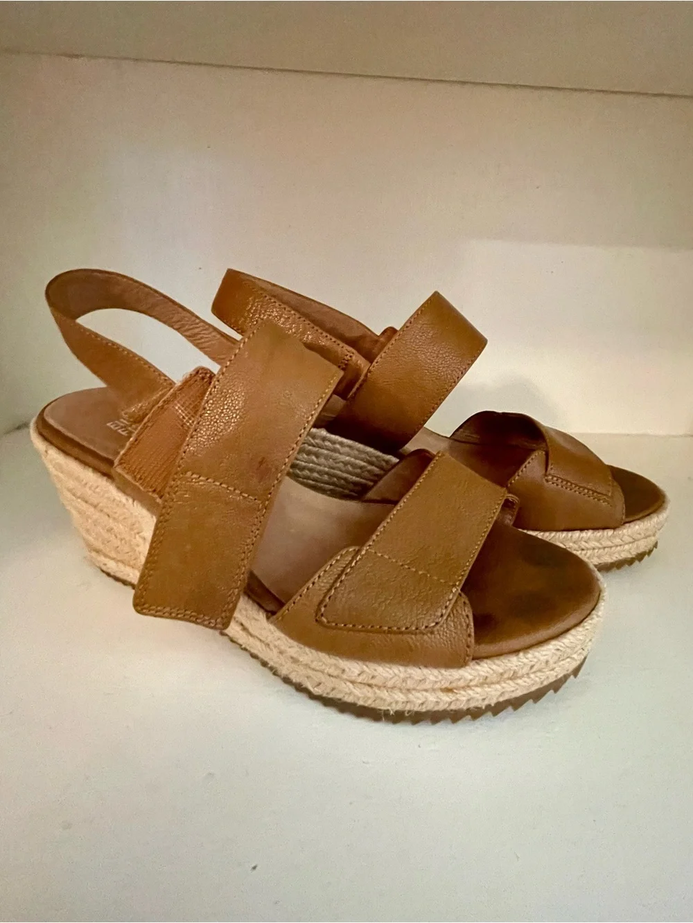 Eileen Fisher Tan Leather Espadrille Wedge Sandals